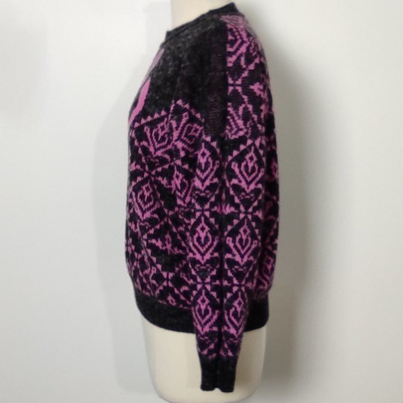 Vintage 80s Bow Print Sweater Crew Neck Marled Fuzzy Knit Pink Grey Medium - Picture 5 of 13